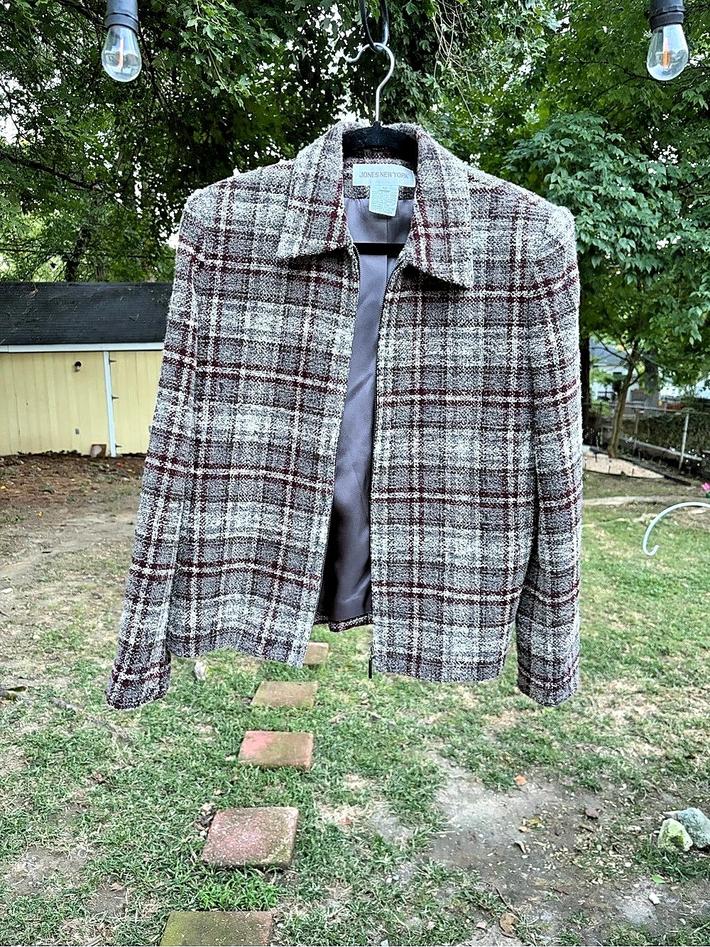 Jones New York Women’s 12 Wool Blend Plaid Zip Front Jacket Brown Burgundy